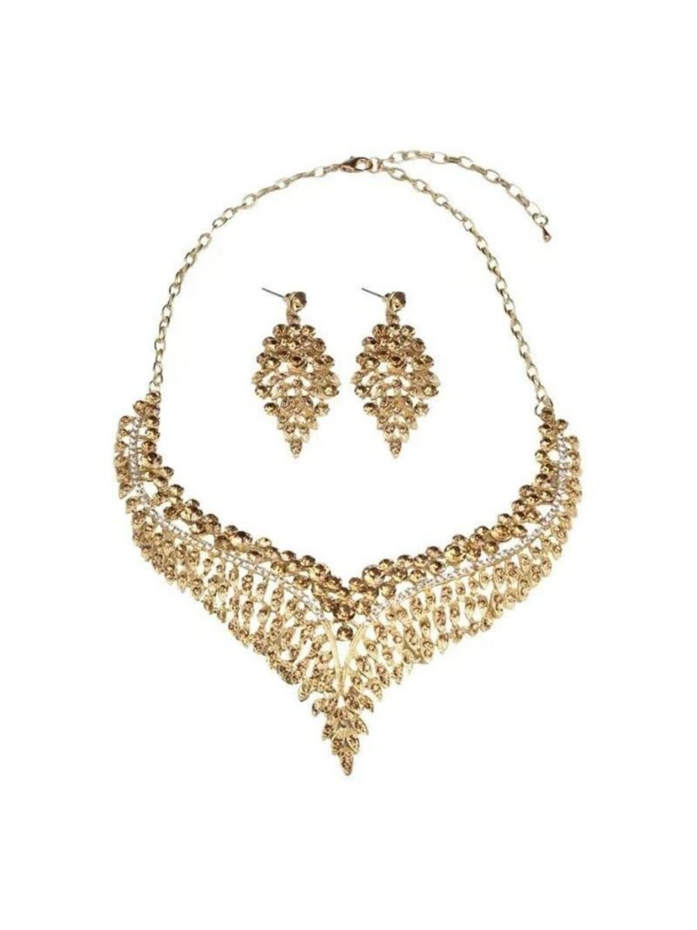 Gold Necklace Set, Gold Rhinestone Necklace Earrings Statement Wedding Bridal